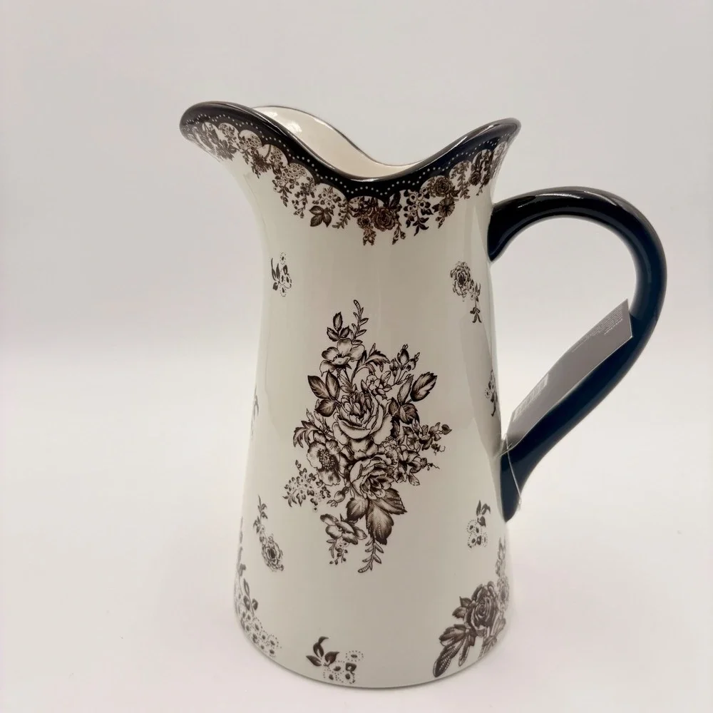 Robert Stanley Fall Classics Brown White Floral Toile Ceramic Pitcher Scalloped